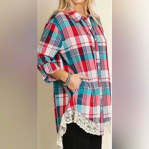 Umgee Plaid Tunic Top/Dress with Lace Hem and Pockets